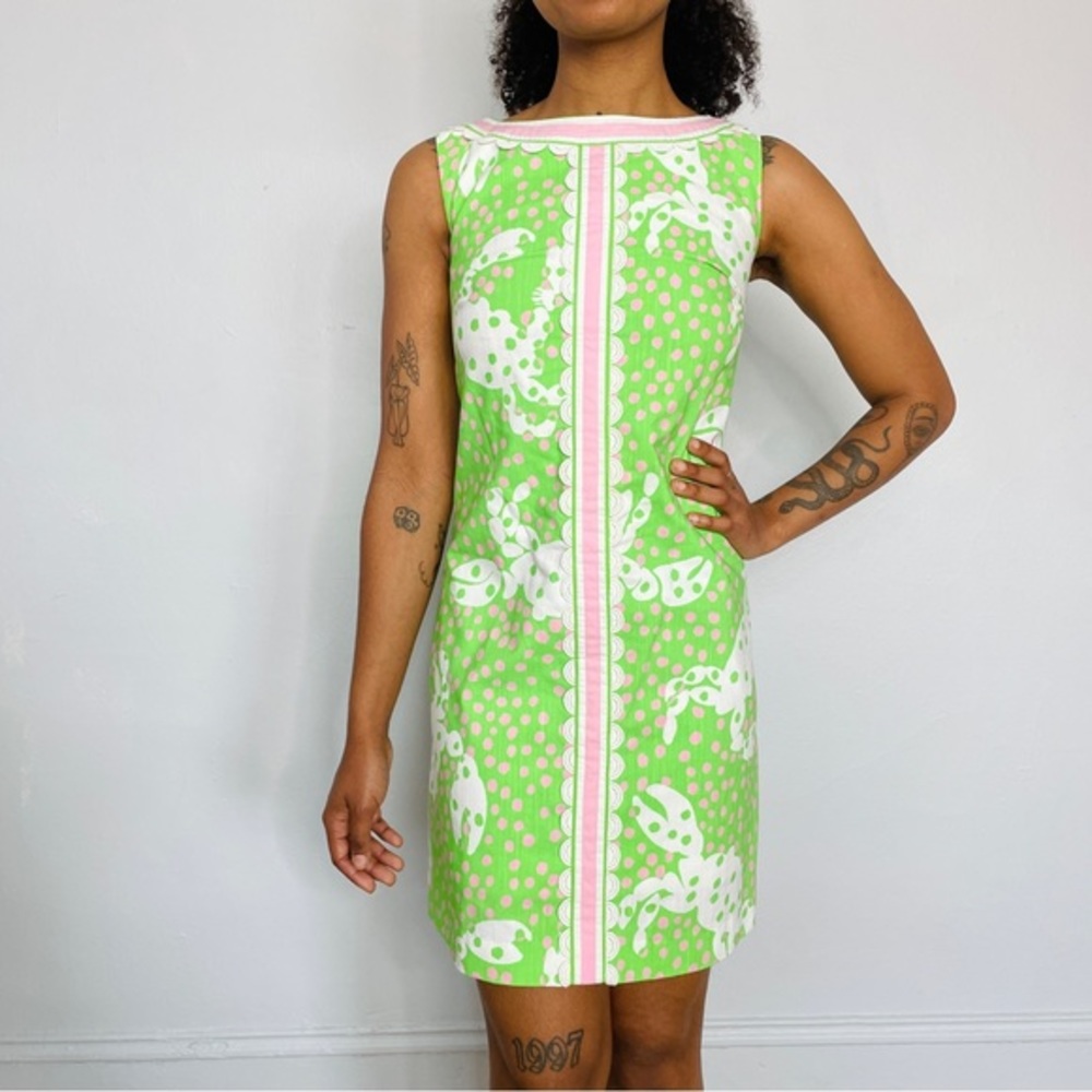 Lilly‎ Pulitzer Pink Label Lime Green Pink Polka Dot Not too Crabby Mini Dress